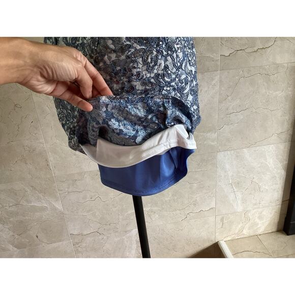 SHO by Tadashi Shoji Lara Sequin Lace Mini Dress 0 Blue Deep V Halter Cocktail - Picture 12 of 14